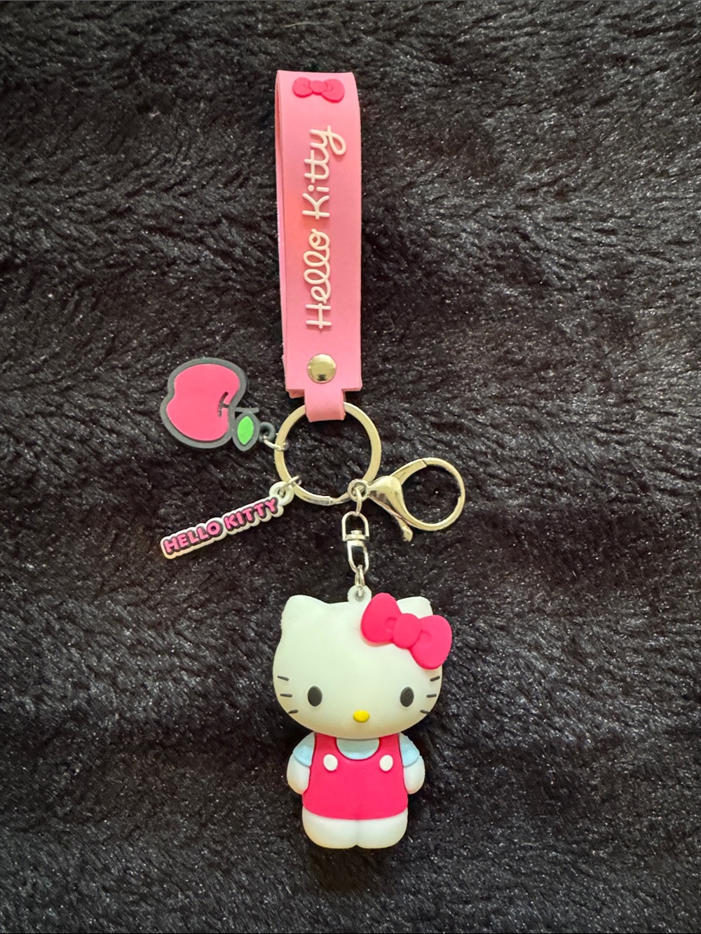 Hello Kitty Pink Strap Keychain with 2 Charms Apple Logo and Bag Clip